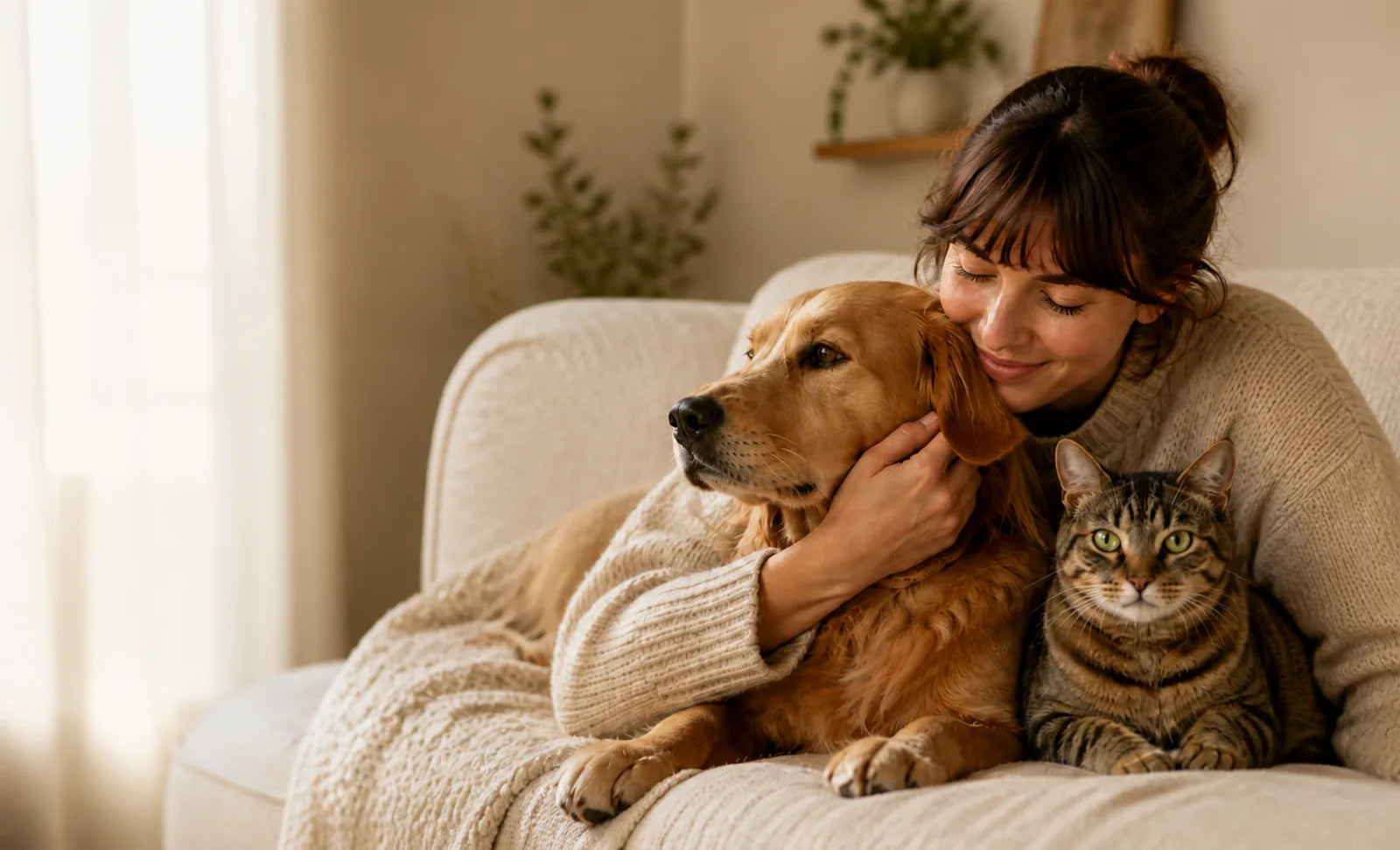 Una persona abraza a su perro mientras su gato descansa a su lado